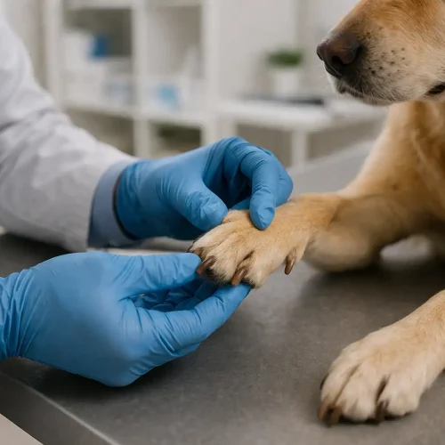 Tierarzt untersucht Krallen des Hundes