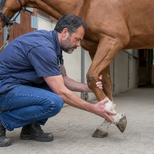 Tierarzt untersucht Pferd mit Stützbeinlahmheit und Hangbeinlahmheit