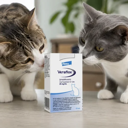 Zwei Katzen beschnuppern eine Packung Veraflox