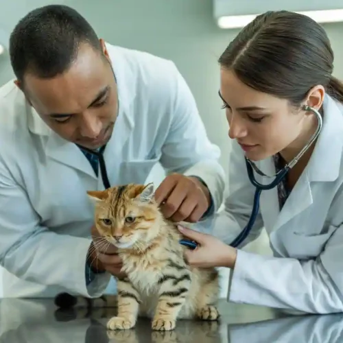 Zwei Tierärzte halten eine Katze mit Liposarkom